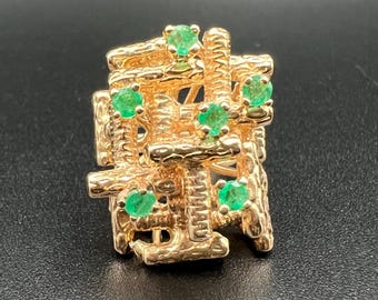 Large 14kt and Emerald Statement Ring, Textured and Abstract Design