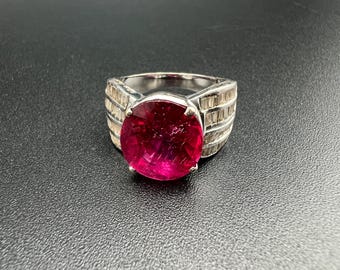Vintage Rubellite Tourmaline Ring: Diamond Baguettes, 18Kt White Gold