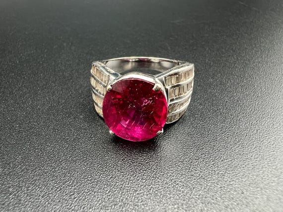 Vintage Rubellite Tourmaline Ring: Diamond Baguettes, 18Kt White Gold