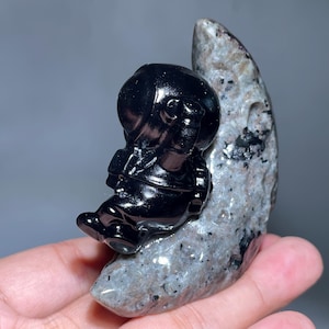Obsidian Quartz Crystal Astronaut Skull: Handmade Spaceman Carving (2.8&quot;, 143g
