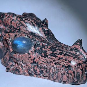 Plum Blossom Stone Dragon Skull: Hand Carved Quartz Crystal, 5.3&#39;&#39;