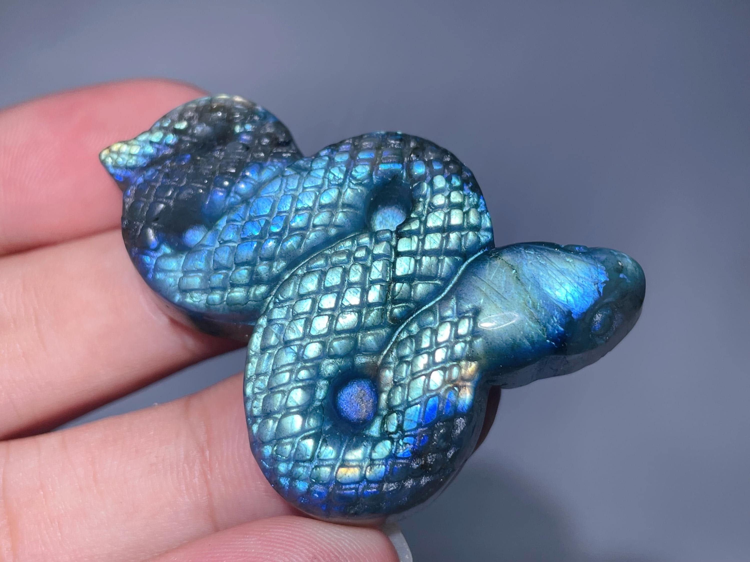 Labradorite Snake Skull: Hand Carved Crystal Cobra, Healing Stone