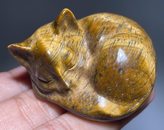 Tiger's Eye Cat Crystal Skull: Handmade Quartz Carving