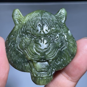 Hand Carved Green Jade Tiger Head Skull: Crystal Home Decor