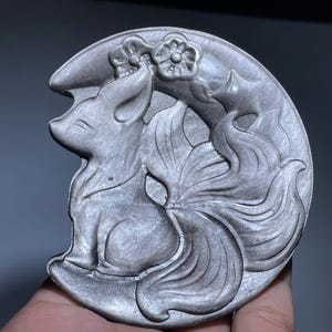 Handmade Silver Obsidian Fox Crystal Skull: Healing Stone Carving (3.3&quot;)