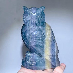 以下が含まれることがあります： 青、紫、黄色の彫刻されたフクロウの置物。 フクロウは台座に止まっており、羽と目の詳細な彫刻が施されています。 置物は手で持たれています。