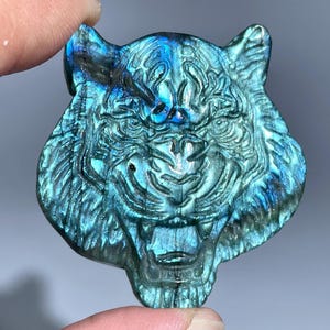 Labradorite Tiger Head Skull: Hand Carved Crystal Figurine