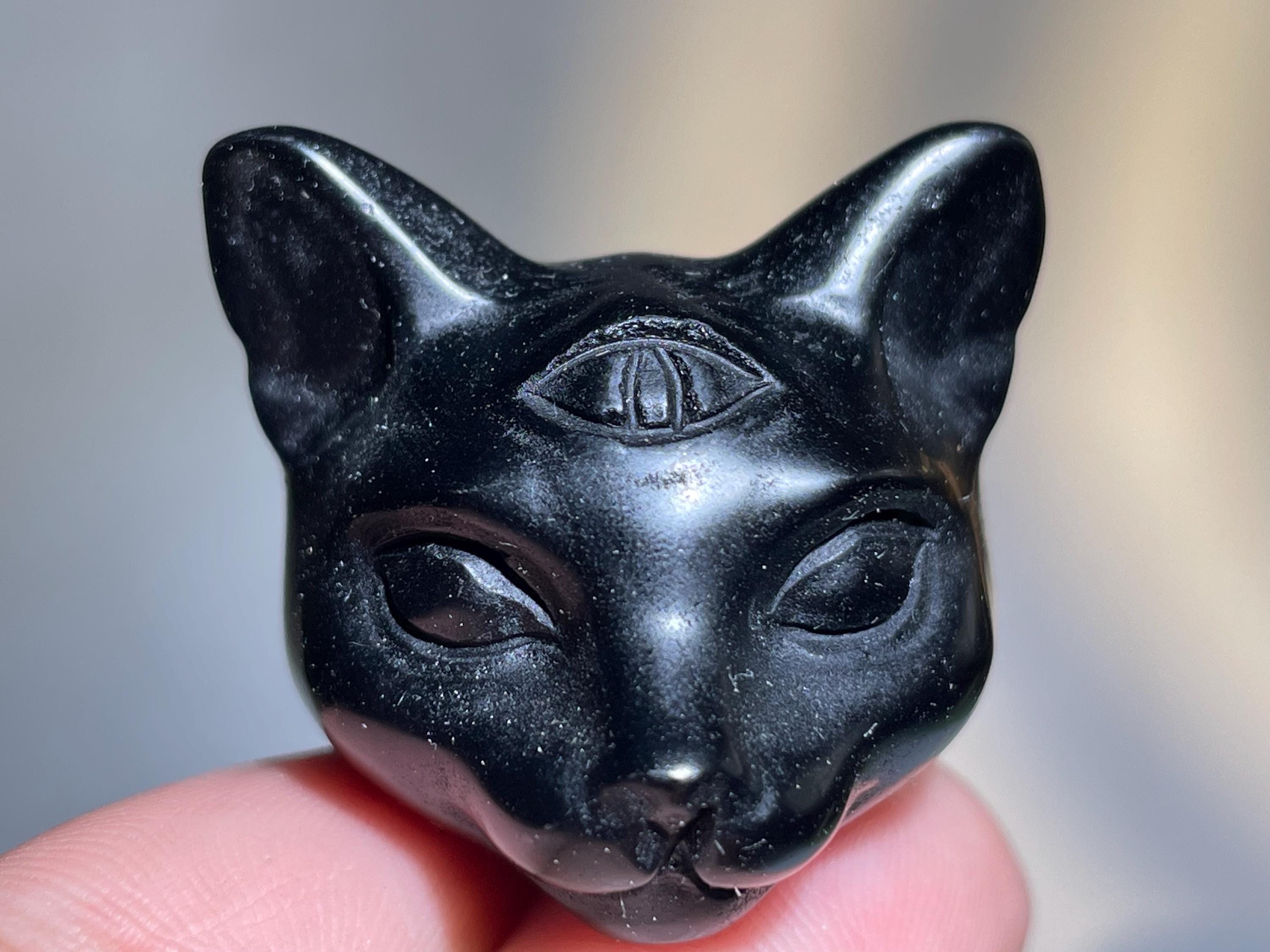 Obsidian Cat Head Crystal Skull: Handmade Healing Gift (1.1