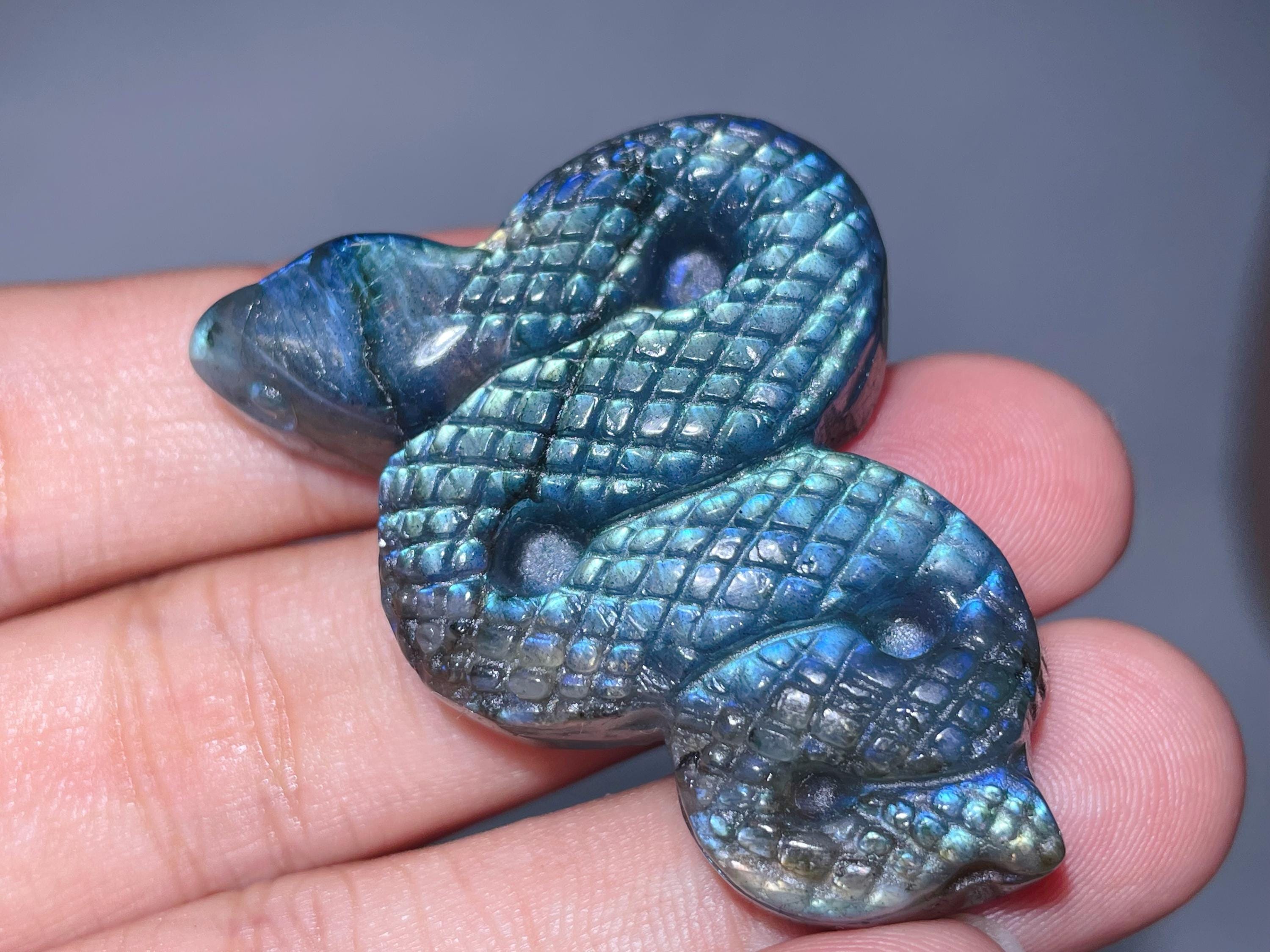Labradorite Snake Skull: Hand Carved Crystal Cobra, Healing Stone