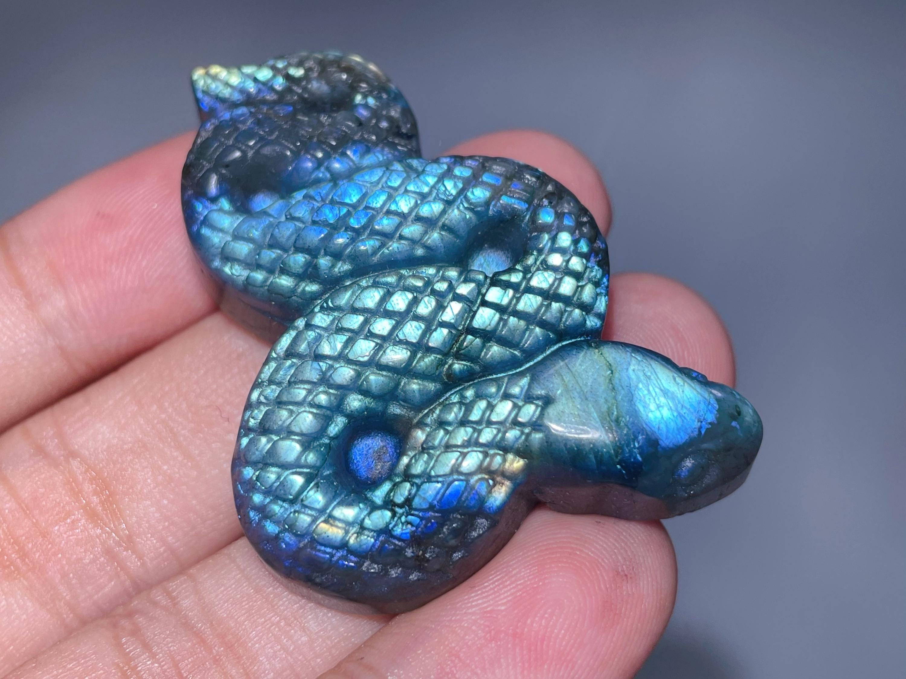 Labradorite Snake Skull: Hand Carved Crystal Cobra, Healing Stone