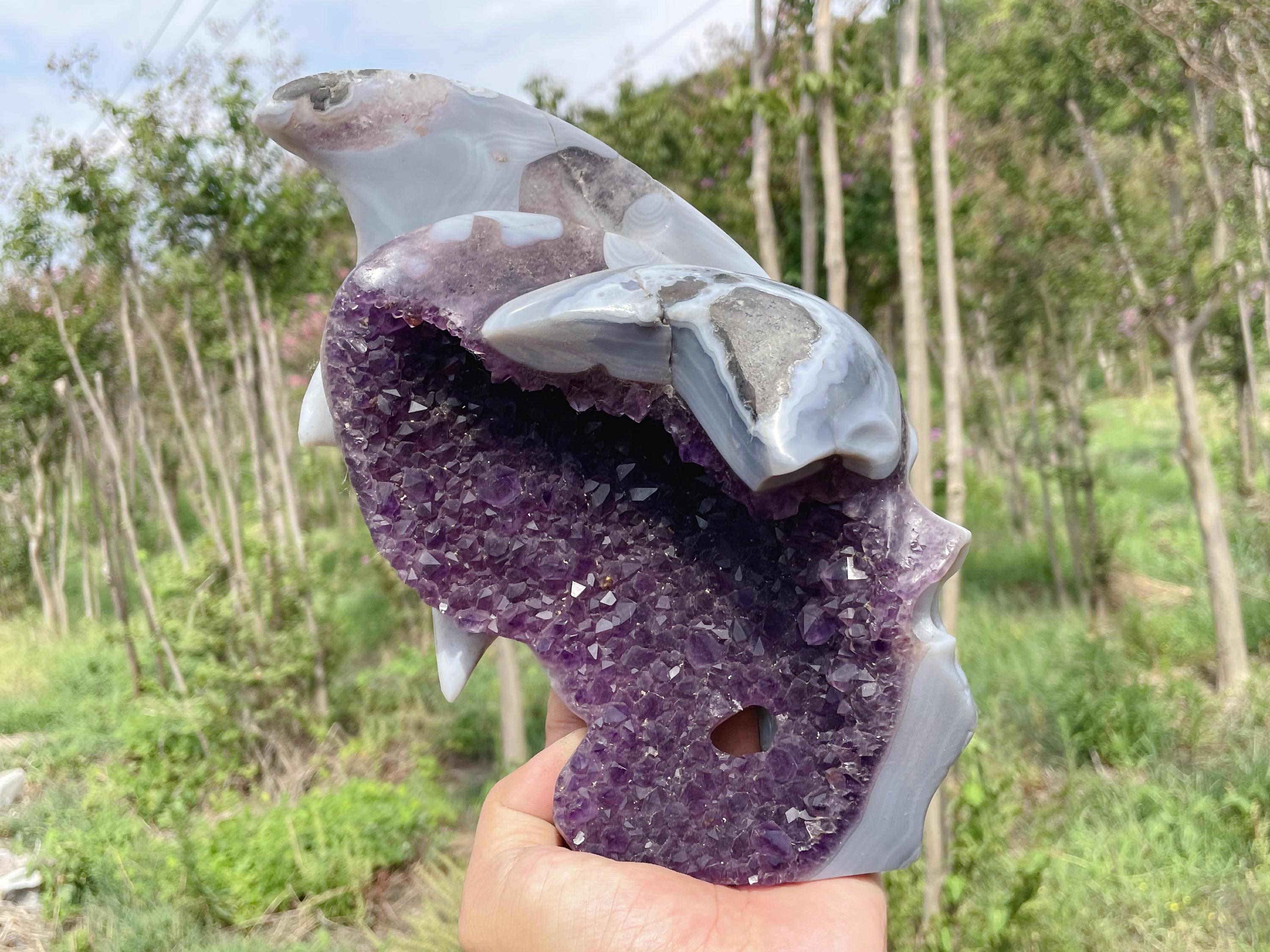 Amethyst Agate Geode Wing Skull: Hand Carved Quartz Crystal, 9.2