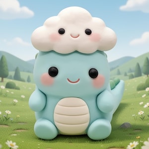 Polymer Clay Dinosaur Figurine, Smiling Cloud, Pastel Desk Decor, Kawaii Toy