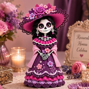 Purple Catrina Sugar Skull Figurine, Day of the Dead Decor, Dia de los Muertos Doll, Gothic Floral Skeleton Lady, Halloween Gift