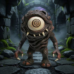 Handmade Spiral Eye Monster Figurine – Dark Brown One-Eyed Creature, Sharp Teeth Collectible