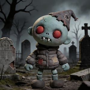 Puede incluir: Una espeluznante figura de un gnomo zombi con cara turquesa, ojos rojos y un sombrero roto. El gnomo lleva una chaqueta gris con parches y está en un cementerio con lápidas y árboles desnudos.