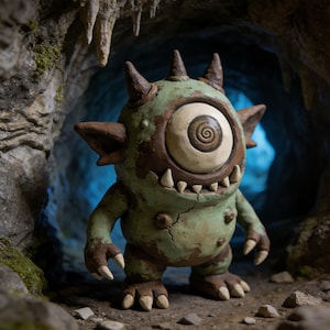 May include: A handcrafted figurine of a one-eyed monster. The creature has a green body with brown accents, horns, and ears. Its large eye features a spiral design. The figure is posed in a cave setting with a blue background.