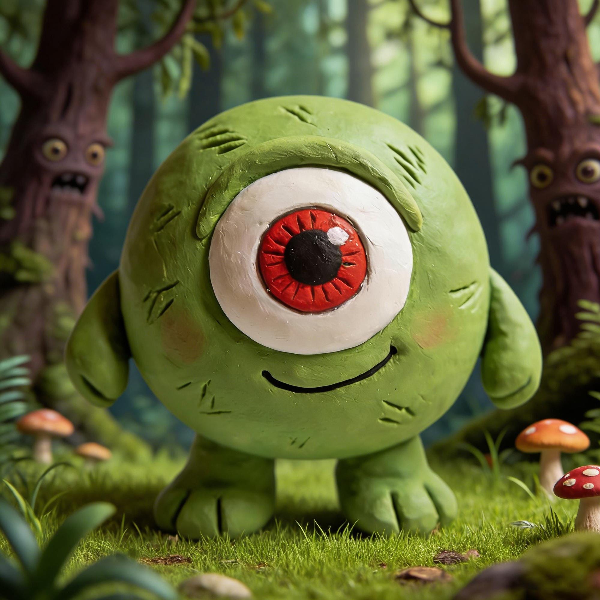 Handmade Green One-Eyed Monster Figurine, Clay Toy Sculpture, Kids Room Decor (8cm)