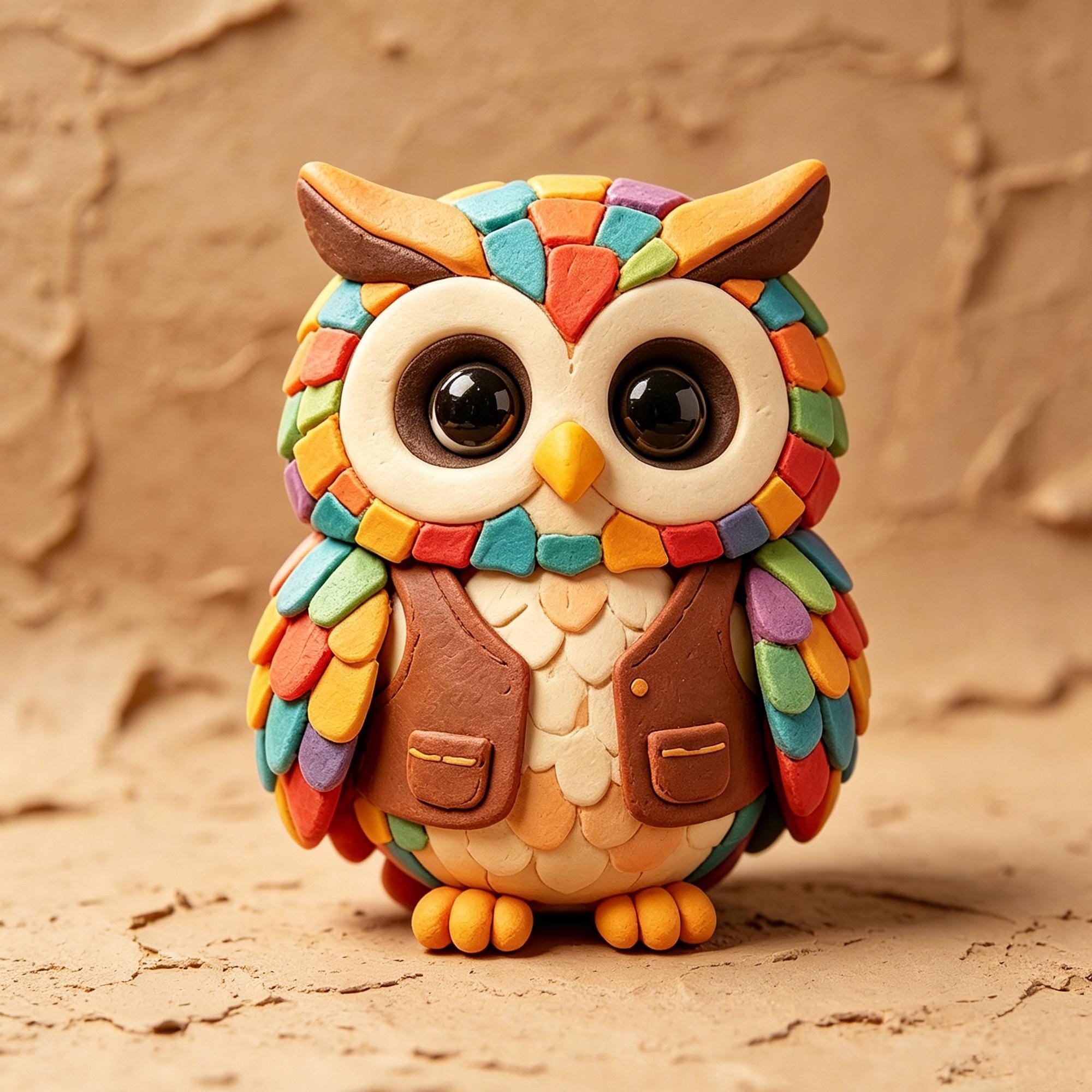 Colorful Owl Figurine, Cute Clay Owl Decor, Rainbow Feather Bird Miniature, Woodland Animal Gift, Fa