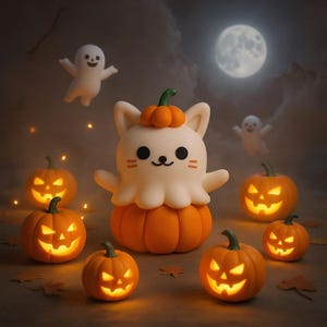 Handmade Clay Ghost Cat Figurine: Halloween Pumpkin Decor