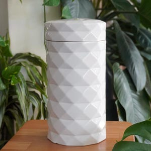 Peut inclure: Un récipient en céramique blanc avec un motif géométrique en losanges. Le récipient cylindrique a un couvercle assorti et repose sur une surface en bois. Des plantes vertes sont en arrière-plan.