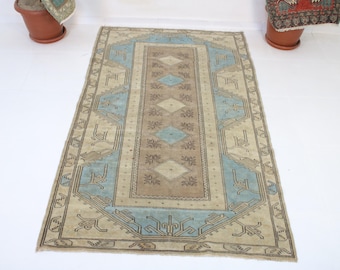 4x6 Vintage Blue Brown Rug, Handmade Turkish Rug, Washable, Kitchen, Bedroom, Wool, Entryway