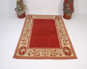 150x150 Vintage Rot Beige Wollteppich, Handgemachter Türkischer Teppich, Waschbar, Küche, Schlafzimmer, 13,5 x 16,5 Ft