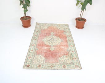 Tappeto turco vintage in lana fatto a mano: tappeto Oushak rosso 4x7