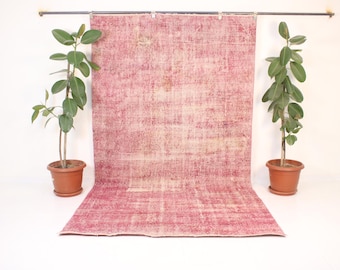Tappeto rosa 5x10, fatto a mano, vintage, tappeto di lana neutro, tappeto turco, arredamento per la casa, arredamento boho, orientale, Oushak, tradizionale, tappeto da 5,5x9,8 piedi