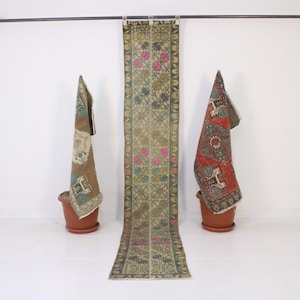 Tapete passadeira 2x9 em patchwork marrom e rosa, feito à mão, estilo turco vintage, tapete marroquino, lã, para cozinha e quarto.