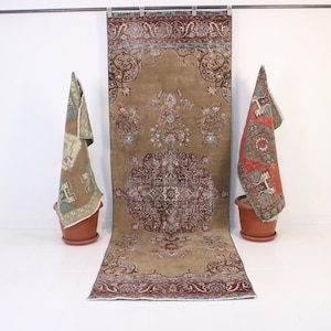 Tapete corredor marrom 3x10, feito à mão, vintage, tapete de lã neutro, tapete corredor turco, tapete de 3,1x9,6 pés