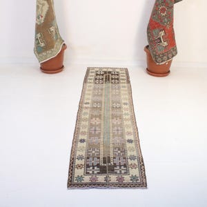 May include: A rectangular, vintage-style rug with a central design in shades of brown, beige, and blue. The rug features geometric patterns and borders, with a distressed appearance. Two potted plants with patterned textiles are on either side of the rug.