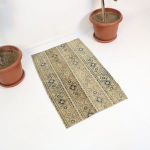 May include: A rectangular rug with a beige background and vertical stripes. The stripes feature geometric patterns in navy blue and beige. The rug is placed on a white surface, with potted plants on either side.