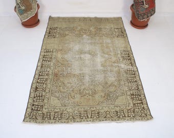 100x150 Vintage Brauner Teppich, Handgemachter Türkischer Teppich, Waschbar, Küche, Schlafzimmer, Wolle, 4.0x6.3