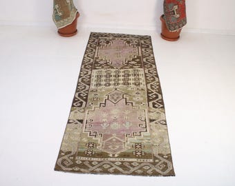 3x8 Purple Brown Runner Rug, 3x8 Kitchen Runner Rug, Home Decor Art Rug, Oriental Design Wool Rug, Antique Runner Rug, 3x8 Muted Rug