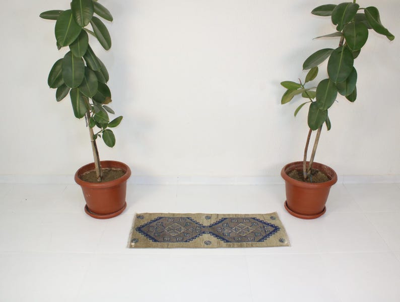 May include: A small, rectangular rug with a blue and beige geometric pattern. The rug is placed on a white floor between two potted plants.