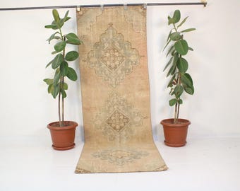 May include: A beige and cream vintage rug with a geometric pattern hangs from a rod. Two potted plants with green leaves are on either side of the rug.