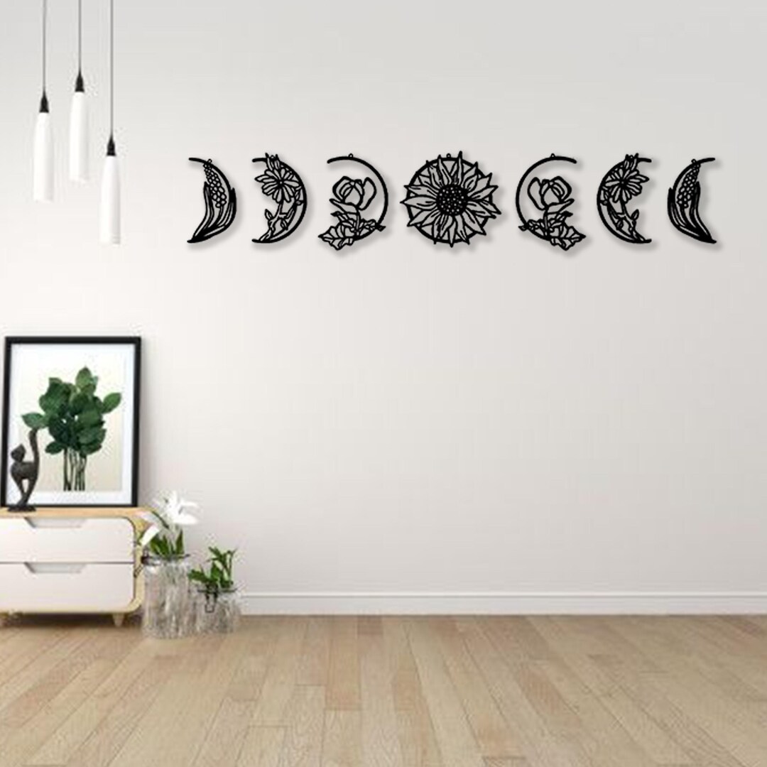 Gold Floral Moon Phase Metal Wall Art Boho Celestial Bedroom Decor ...