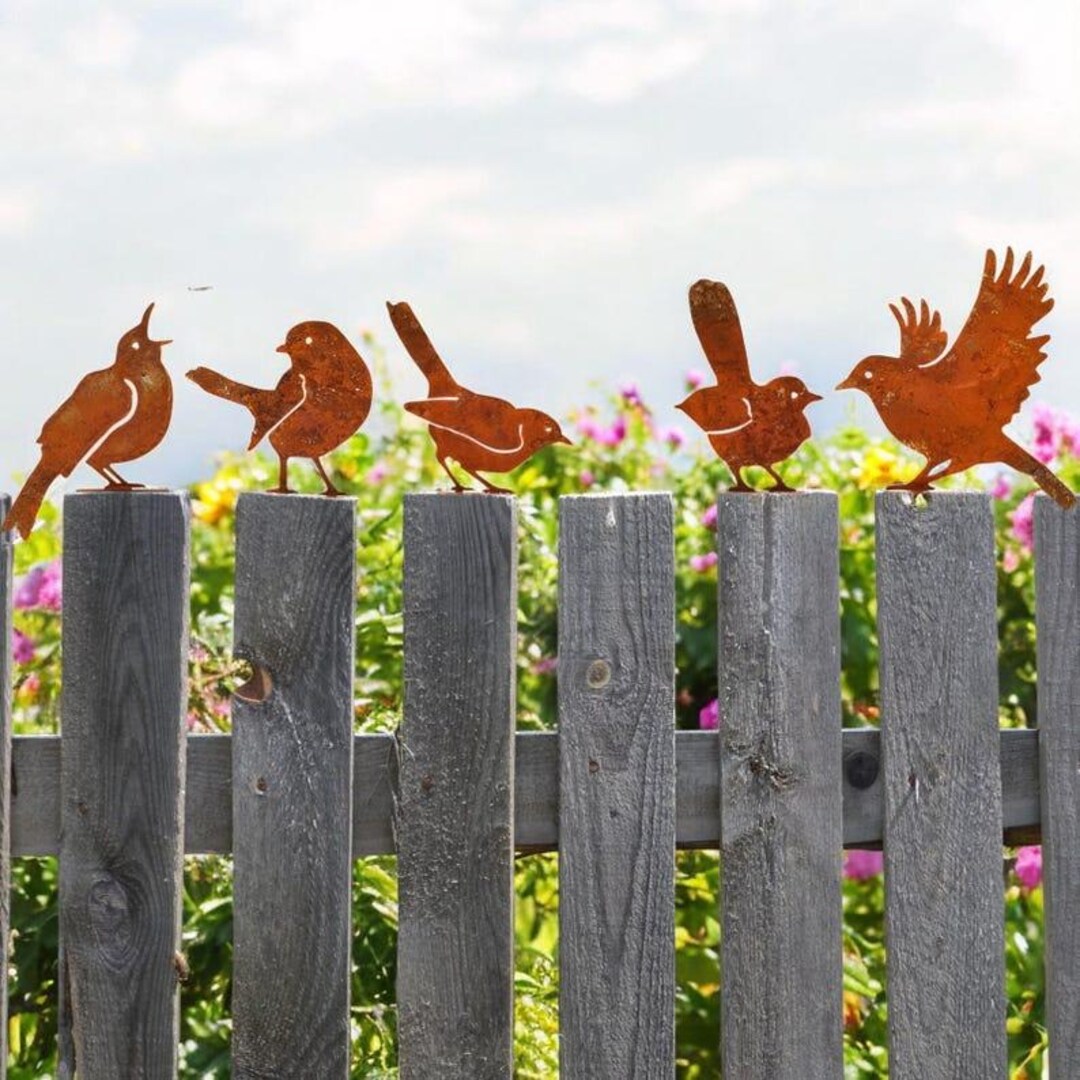 Rusty Metal Bird Garden Ornaments Set of 5 Outdoor Yard Art Rustic ...