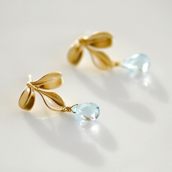 December birthstone jewelry, Blue topaz earrings, Blue topaz gold earrings, Something Blue earrings, gold leaf earrings