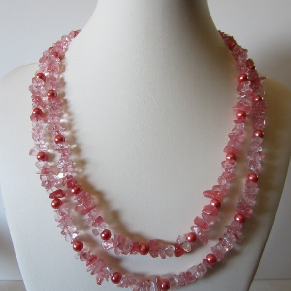Double strand  glass Rose Quartz chips and glass pearls, Resort Jewelry, Summer Wedding,Spring Wedding, Romantic Wedding,Girly Jewelry, Pink