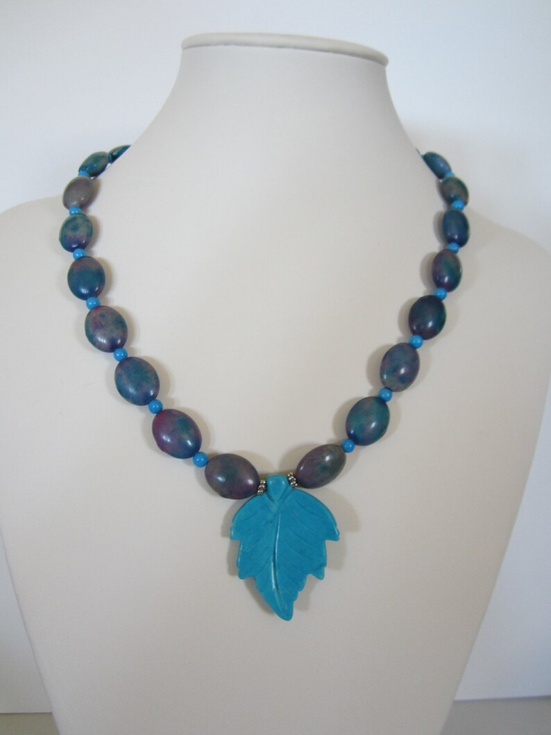 Pink and Blue Howlite Necklace With Turquoise Leaf Pendant - Etsy