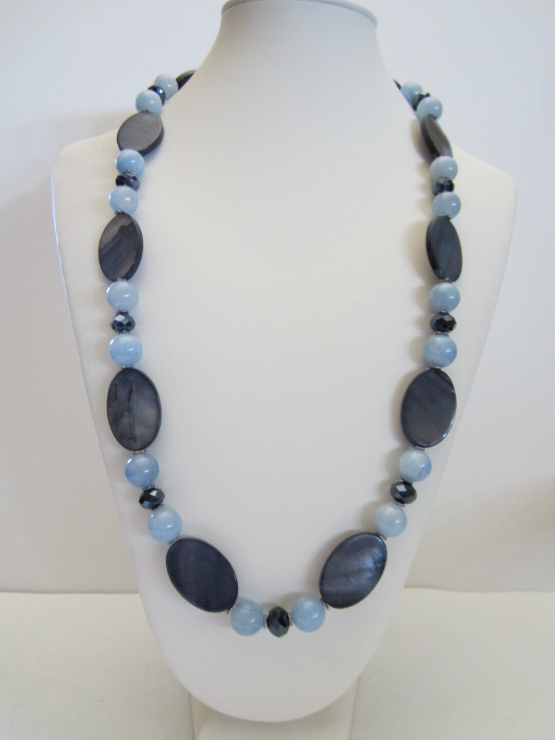 Long Necklace With Blue Angelitegrey Mother of Pearl and - Etsy