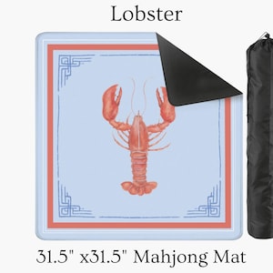 May include: A square Mahjong mat with a lobster illustration. The mat is 31.5 inches by 31.5 inches, with a light blue background, red border, and decorative corner designs. A black carrying case is included.