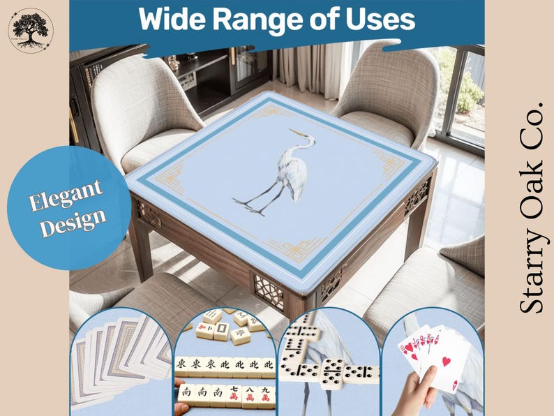 May include: A square wooden table with a light blue top featuring a white crane illustration. The table is surrounded by chairs and has the text "Wide Range of Uses" and "Elegant Design". The image also shows playing cards, dominoes, and mahjong tiles.