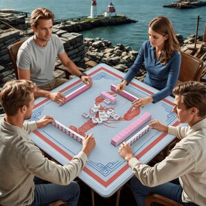 May include: Four people playing Mahjong at a table with a light blue surface and a red and white border. The game is set against a coastal backdrop with a lighthouse in the distance. The game pieces are pink and white.