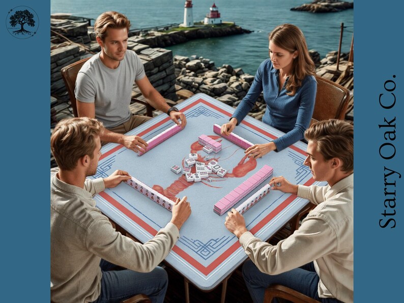 May include: Four people playing Mahjong at a table with a light blue surface and a red and white border. The game is set against a coastal backdrop with a lighthouse in the distance. The game pieces are pink and white.