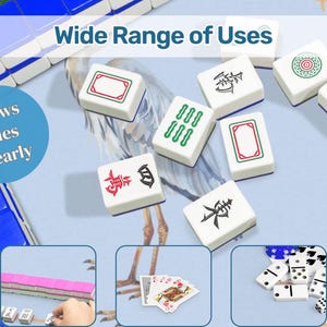 May include: White mahjong tiles with red, green, and black symbols and designs are displayed. The image includes the text "Wide Range of Uses" and "Shows Tiles Clearly". Additional images show playing cards and dominoes.