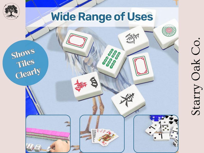 May include: White mahjong tiles with red, green, and black symbols and designs are displayed. The image includes the text "Wide Range of Uses" and "Shows Tiles Clearly". Additional images show playing cards and dominoes.
