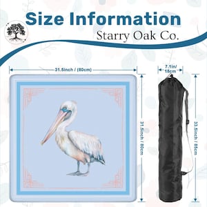 May include: A square, light blue mat with a pelican illustration, measuring 31.5 inches (80cm) on each side. The mat has a decorative border and comes with a black carrying bag, 33.5 inches (85cm) long. The text "Size Information" and "Starry Oak Co." are visible.