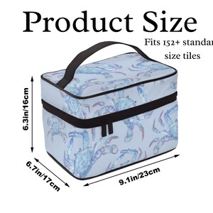 May include: A rectangular makeup bag with a blue crab pattern. The bag has a black handle and zipper. It measures 9.1 inches by 6.7 inches by 6.3 inches. The text "Product Size" and "Fits 152+ standard size tiles" are visible.